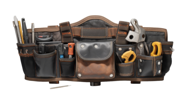 A tool belt filled with various tools, including hammers, screwdrivers, wrenches, and measuring tape - Powered by Adobe
