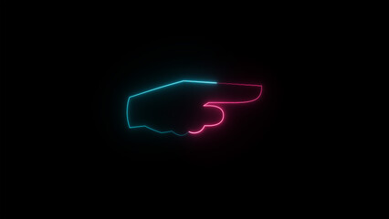 The hand points the finger to the right, the right direction. Direction logo or emblem with bright neon light . Hand cursor - pointer.