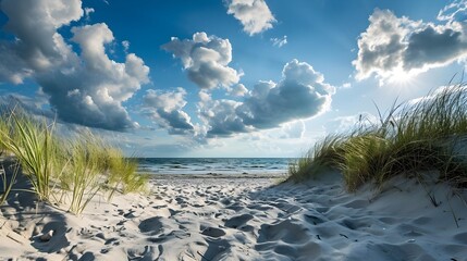 photograph of beautiful white sandy beach with dunes and sea grass, clouds in the sky, sun shining on water, - Powered by Adobe