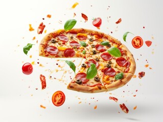 A slice of pizza is being tossed through the air.