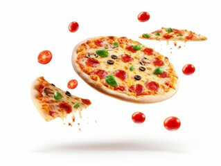 A pizza soaring through the air with a portion of it missing.