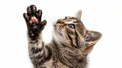 close up of a hand holding a cat, Cat giving high five, isolated on white, Funny ginger kitten at giving high five, isolated on white. Copy space, long hair cat giving high five, Ai