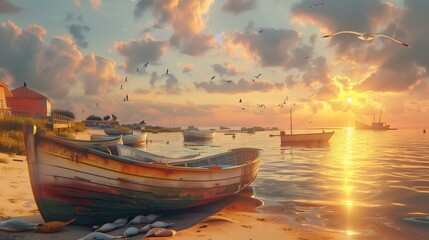 Against the backdrop of a stunning coastal sunset, a traditional fishing village comes to life, with weathered boats docked along the sandy shore.