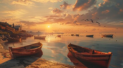Against the backdrop of a stunning coastal sunset, a traditional fishing village comes to life, with weathered boats docked along the sandy shore. - obrazy, fototapety, plakaty