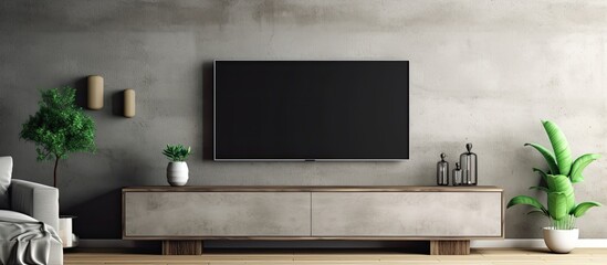 A living room with a flat panel display television set mounted on the wall, providing entertainment and enhancing the rooms aesthetic with modern technology