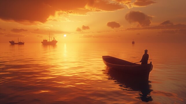 A lone fisherman stands on the deck of his weathered boat, casting his net into the glistening sea under the soft glow of the setting sun. - Powered by Adobe