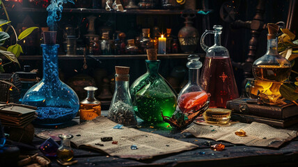 A magical workshop table cluttered with scrolls and flasks of potions in jade green, cobalt blue,...