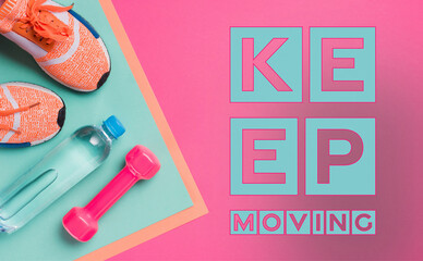 Keep Moving Motivational Quote. Creative Typography Concept Poster with Sports Background.