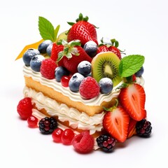 Delicious cake topped with fresh fruit slices.