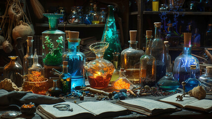 A magical workshop table cluttered with scrolls and flasks of potions in jade green, cobalt blue, ruby red, citrine yellow, and iron grey, isolated on a black background - obrazy, fototapety, plakaty