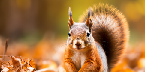 A squirrel in autumn leaves  background image