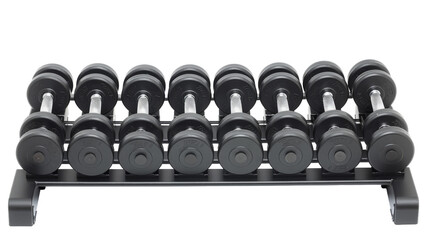 A rack filled with various colorful dumbbells on a clean white background