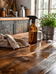 A bottle of spray cleaner sits on a wooden table next to a towel
