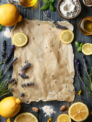 A piece of paper with a lemon and lavender on it