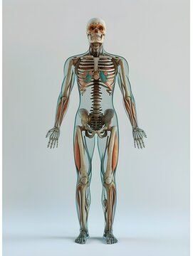 Realistic human anatomy model, showing the muscles and all body parts, highlighting different organ systems in an elegant display of anatomical detail on a white background,