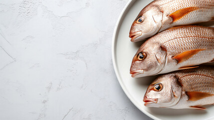 Drei frische, rote Schnapper Fische liegen nebeneinander auf weißem Teller auf grau strukturiertem Hintergrund in der Draufsicht
