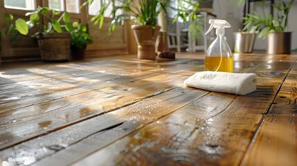 A bottle of oil and a towel are on a wooden floor