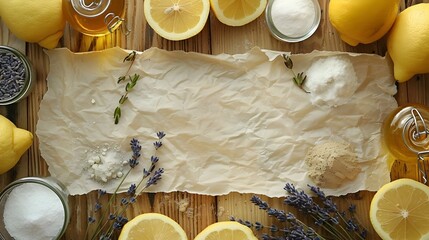 A white piece of paper with a bunch of ingredients on it, including lemons