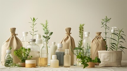 A table with many different bottles and bags, including some with plants in them