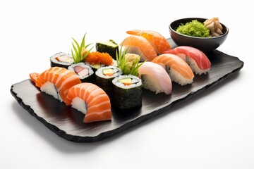 A plate of sushi with assorted rolls beside a bowl of steamed rice.