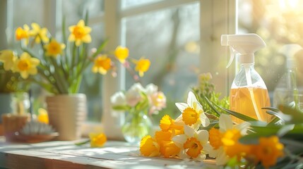 A vase of yellow flowers sits on a table next to a bottle of spray