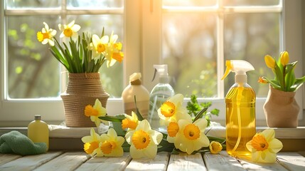 A window sill with a vase of yellow flowers and a bottle of yellow liquid
