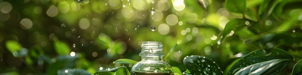 A bottle of liquid is sitting on a leafy green bush