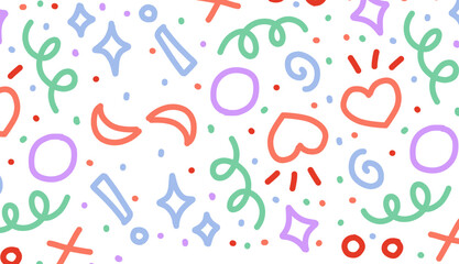 Fun colorful line doodle seamless pattern. Creative minimalist style art background for children or trendy design with basic shapes. Simple childish scribble backdrop