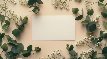 Foto op Aluminium frame with leaves, Wedding invitation card mockup, Blank card mockup, mockup white blank card , Styled stock photo, mockup with blank greeting card, Vertical top view blank card, colorful pansies, Ai © FH Multimedia