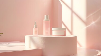 A display of three beauty products on a white pedestal