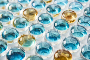A meticulously prepared array of microtiter plates filled with cartilage cell assays, each well lit to reveal shades of azure and gold, isolated on a white background