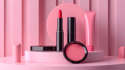 A makeup display with a pink background and a pink tube of lipstick