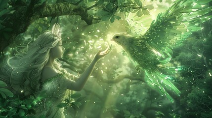 Amidst a lush, enchanted forest, a radiant woman with cascading locks of silver stands beneath a canopy of emerald leaves,