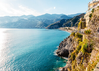 The Amalfi coast of Italy, the Tyrrhenian Sea. View of Majori and the city beach
