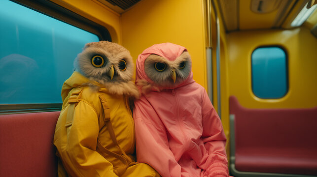 Two funny owls sportily dressed in a tram or train, yellow and pink colors