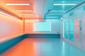 A modern clean room for cartilage tissue culture, with air filtration units casting a calming light in hues of turquoise and soft orange, isolated on a white background