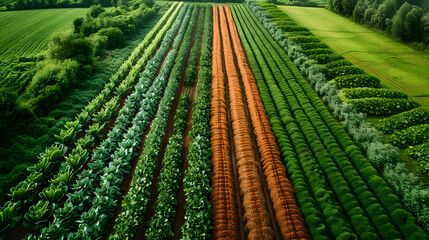 Overhead perspective of a geometric farmland, with various crops, extended, agricultural patterns, panoramic background, magnum opus, base, highly realistic