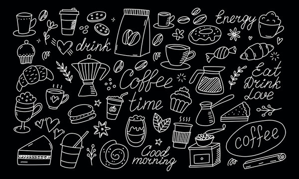 Cute doodle coffee shop icons. vector outline hand drawn for coffee and bakery for cafe menu. Isolated on black background. drawing style