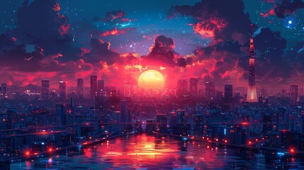 Illustration showcasing a wide view of a futuristic city at night, with a highway illuminated by traffic car lights, presented in a cyberpunk style.