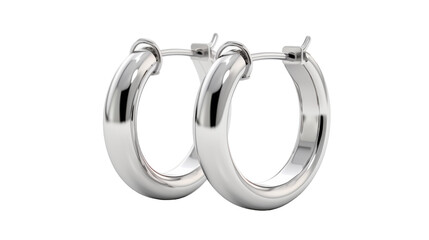 A pair of elegant silver hoop earrings resting on a pristine white background