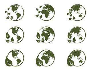 eco world icon set. western and eastern hemispheres. eco friendly and sustainable symbols. isolated vector illustrations in simple style