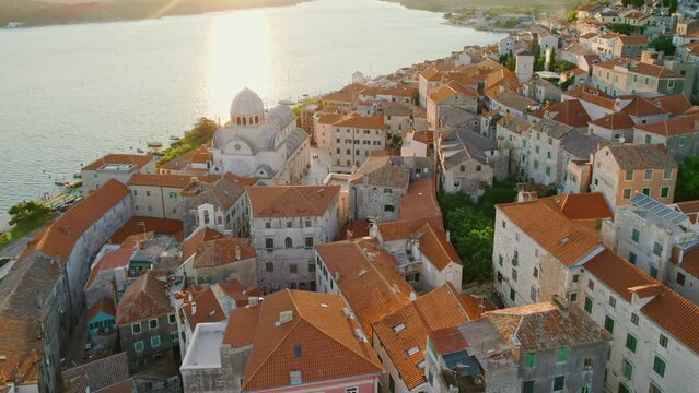 Aerial view of the Sibenik old town at sunset, Dalmatia, Croatia