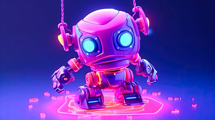 A robot with blue eyes stands in front of a purple background