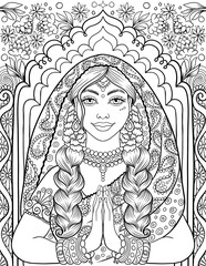 Indian woman face portrait with an ornamental background, adult colouring book page