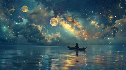 Amidst a tranquil sea, under a blanket of twinkling stars, a solitary figure rows a small boat. - obrazy, fototapety, plakaty