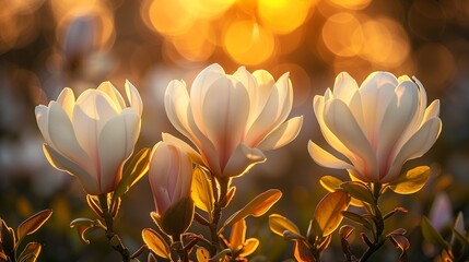 Sunlit magnolia flowers bloom against a dreamy golden bokeh background: Sunlit magnolia flowers in golden hour with beautiful bokeh and glowing white petals blooming in the warm light of sunset