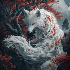 Mystical white fox in enchanted forest: white fox with lush fur amidst a magical red-leafed forest, conveying a mystical, fantasy theme