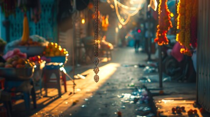 Amidst the colorful chaos of a street market, a solitary hanged ankle chain sways gently in the breeze.