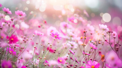 natural colorful summer meadow with many pink common cosmos 