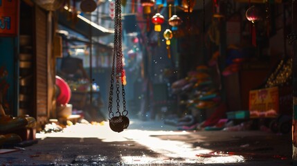 Amidst the colorful chaos of a street market, a solitary hanged ankle chain sways gently in the breeze. - obrazy, fototapety, plakaty